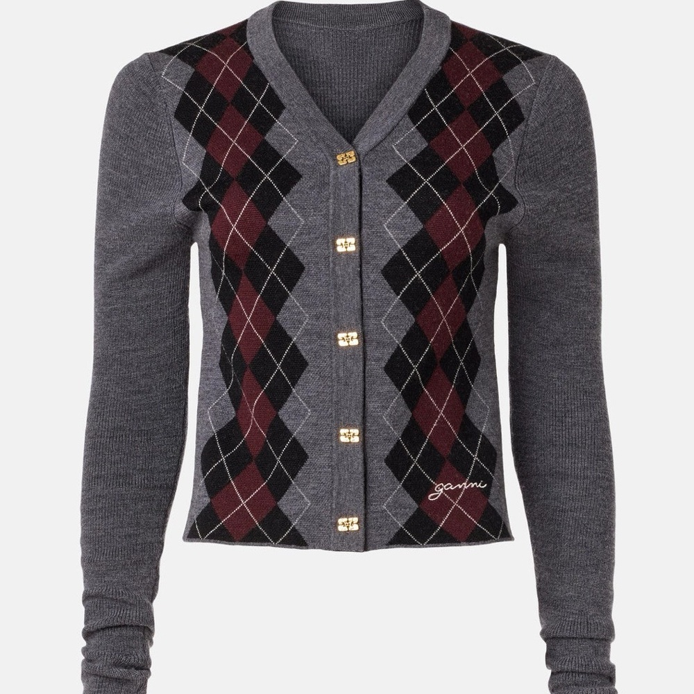 GANNI Fine Merino Jacquard Cardigan, 6 (flaw & buttons missing)